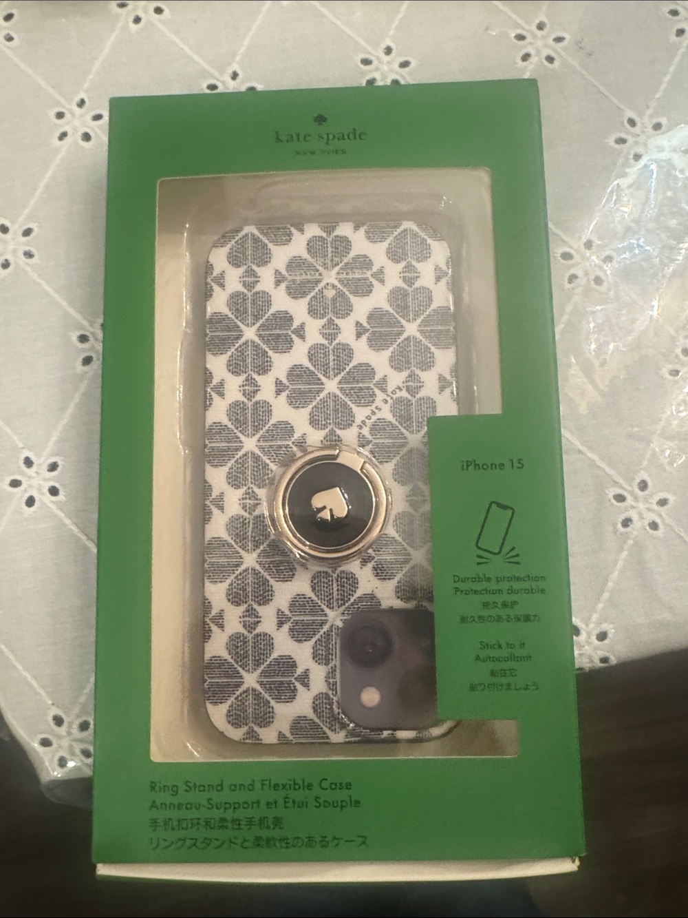 kate spade White & Gray Floral Ring Stand Case for iPhone 15